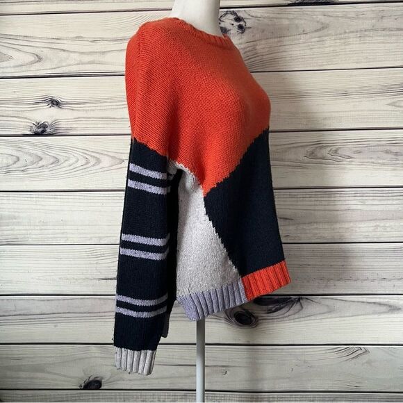 Zaket & Plover Orange & Navy Cashmere Wool Cotton Blend Colorblock Sweater - Picture 3 of 6